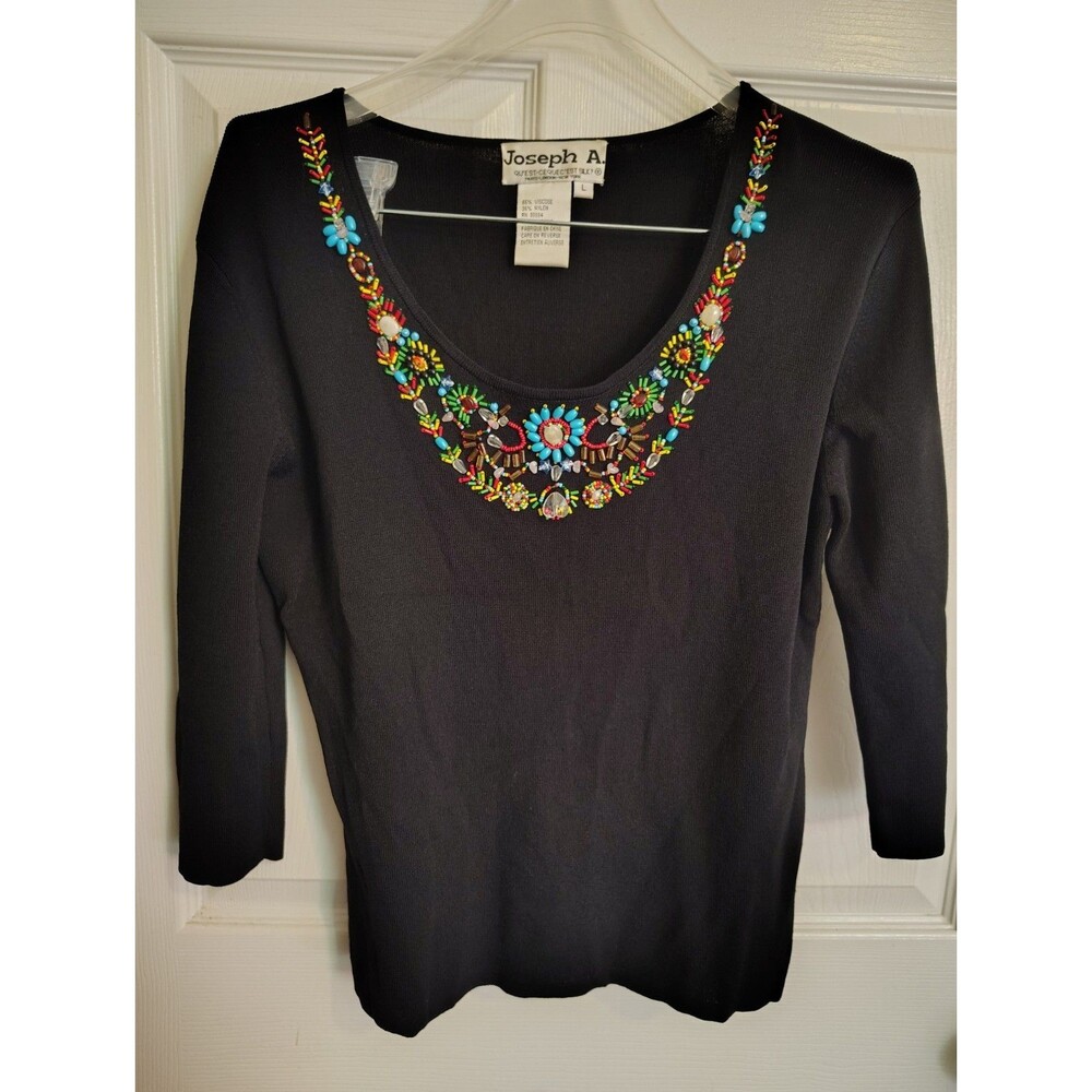 Joseph A. Women’s L Black Solid Knit Scoop Neck 3/4 Sleeve Beaded Pullover Top L